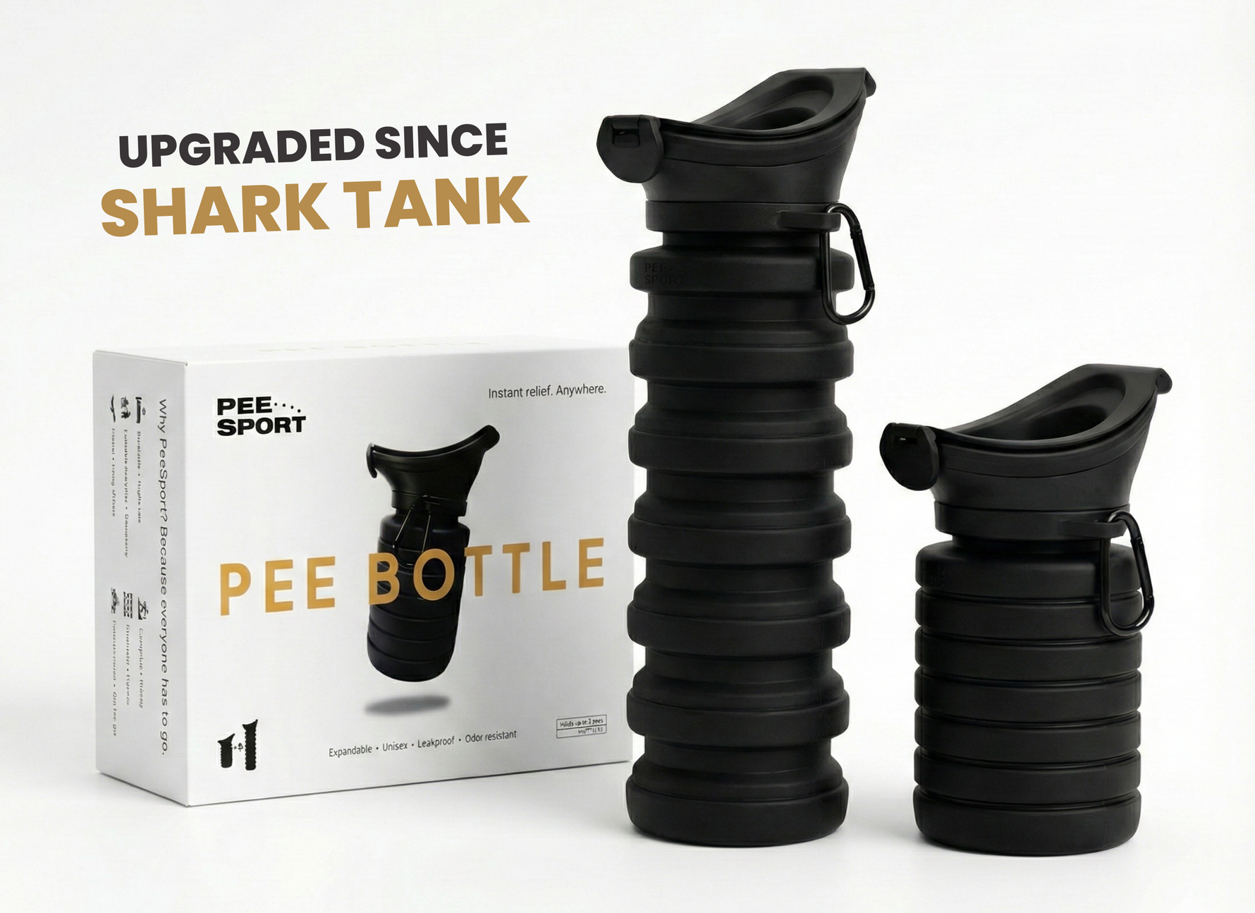 Black Pee Sport bottle with packaging on a white background