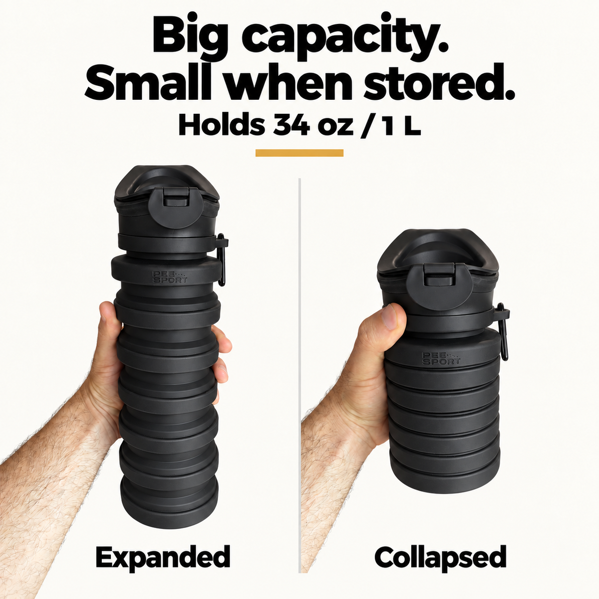 Black PeeSport expanded and collapsed. Holds 34 fluid ounces or 1 liter.