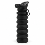 Black PeeSport bottle, expanded with its lid closed and side clip visible.