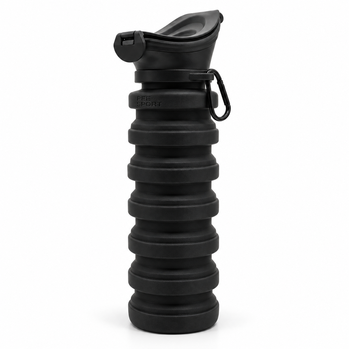 Black PeeSport bottle, expanded with its lid closed and side clip visible.