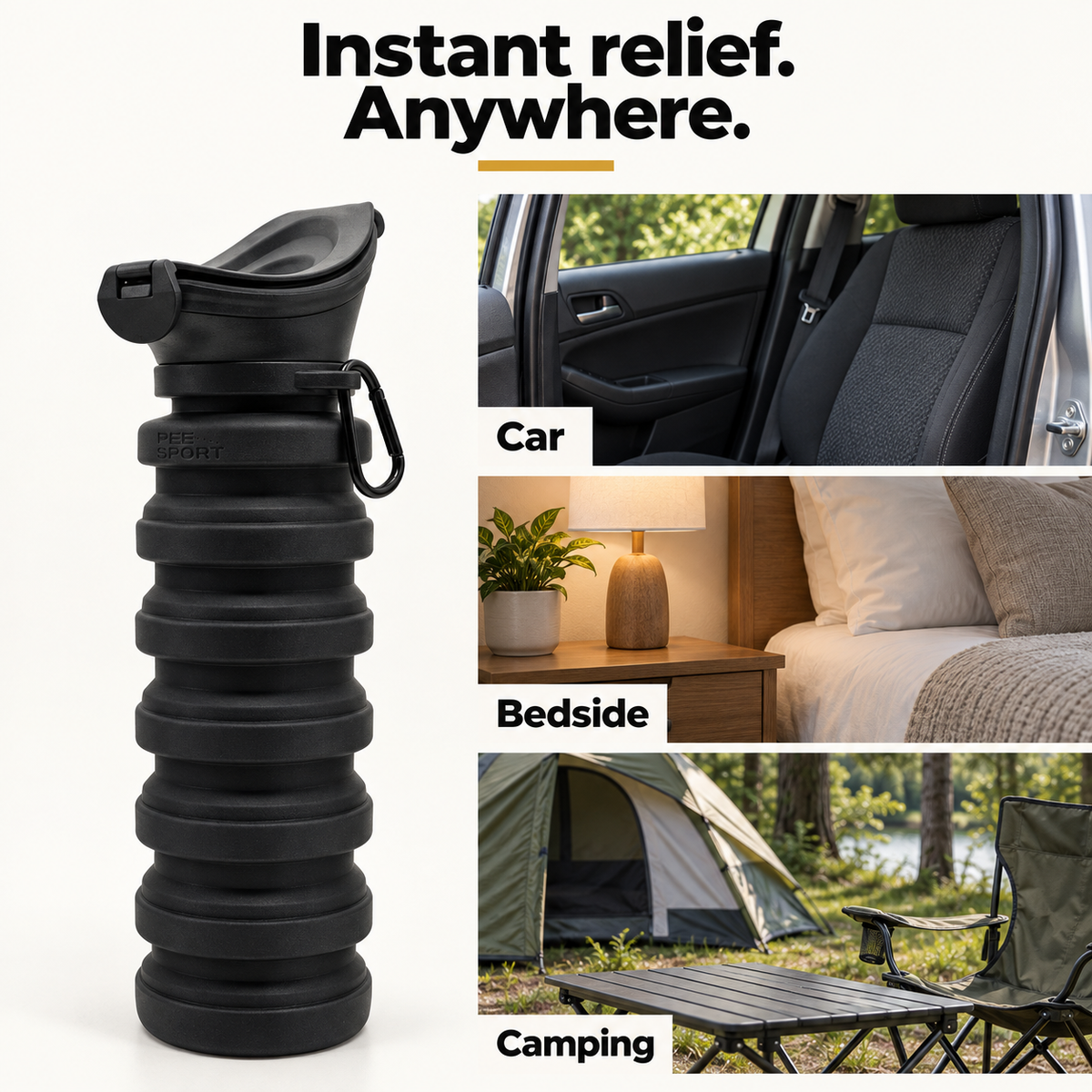 Black PeeSport with car, bedside and camping scenes. Instant relief, anywhere.
