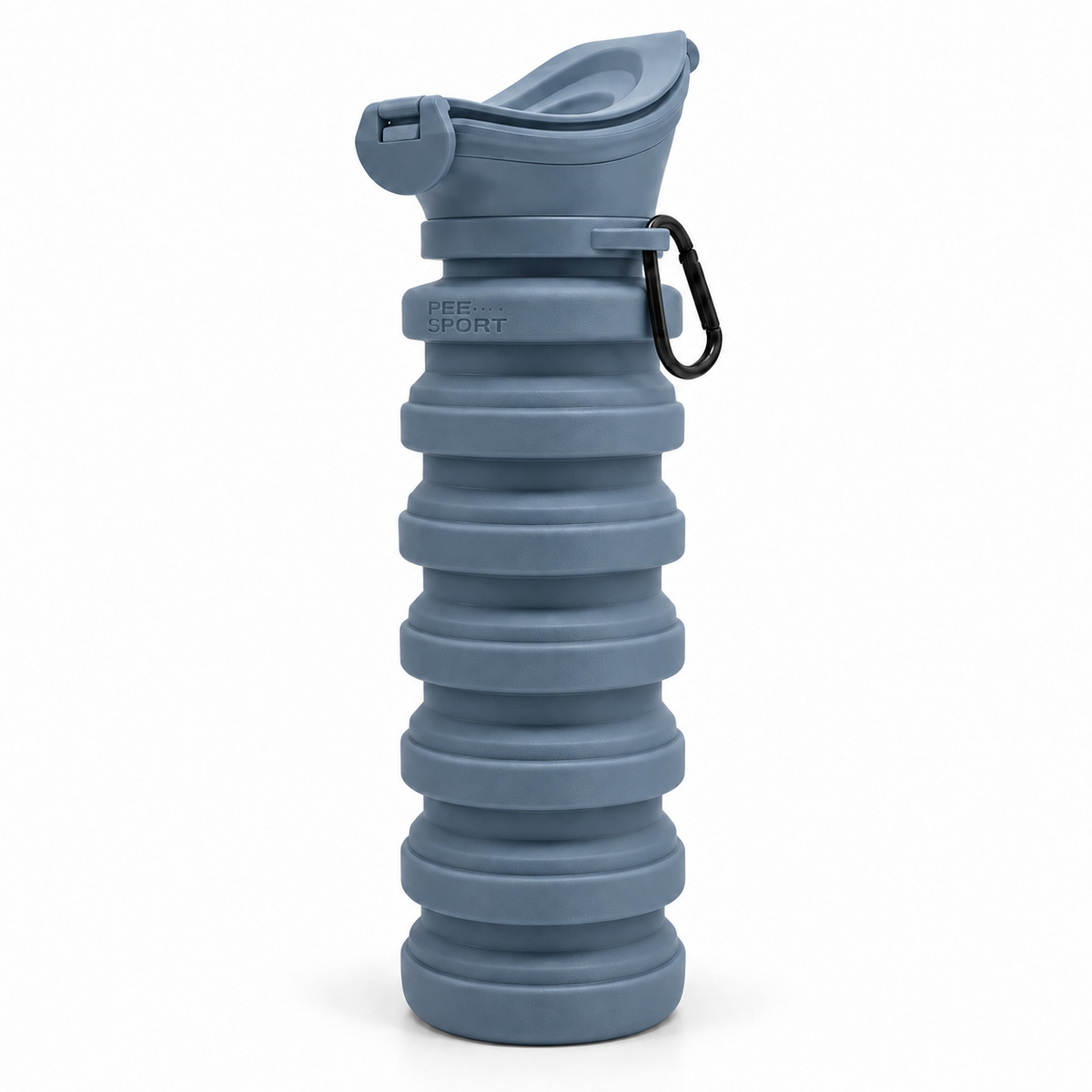 Blue PeeSport bottle, expanded with its lid closed and side clip visible.