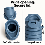 Blue PeeSport closeups showing the wide silicone opening and snapped closed lid.