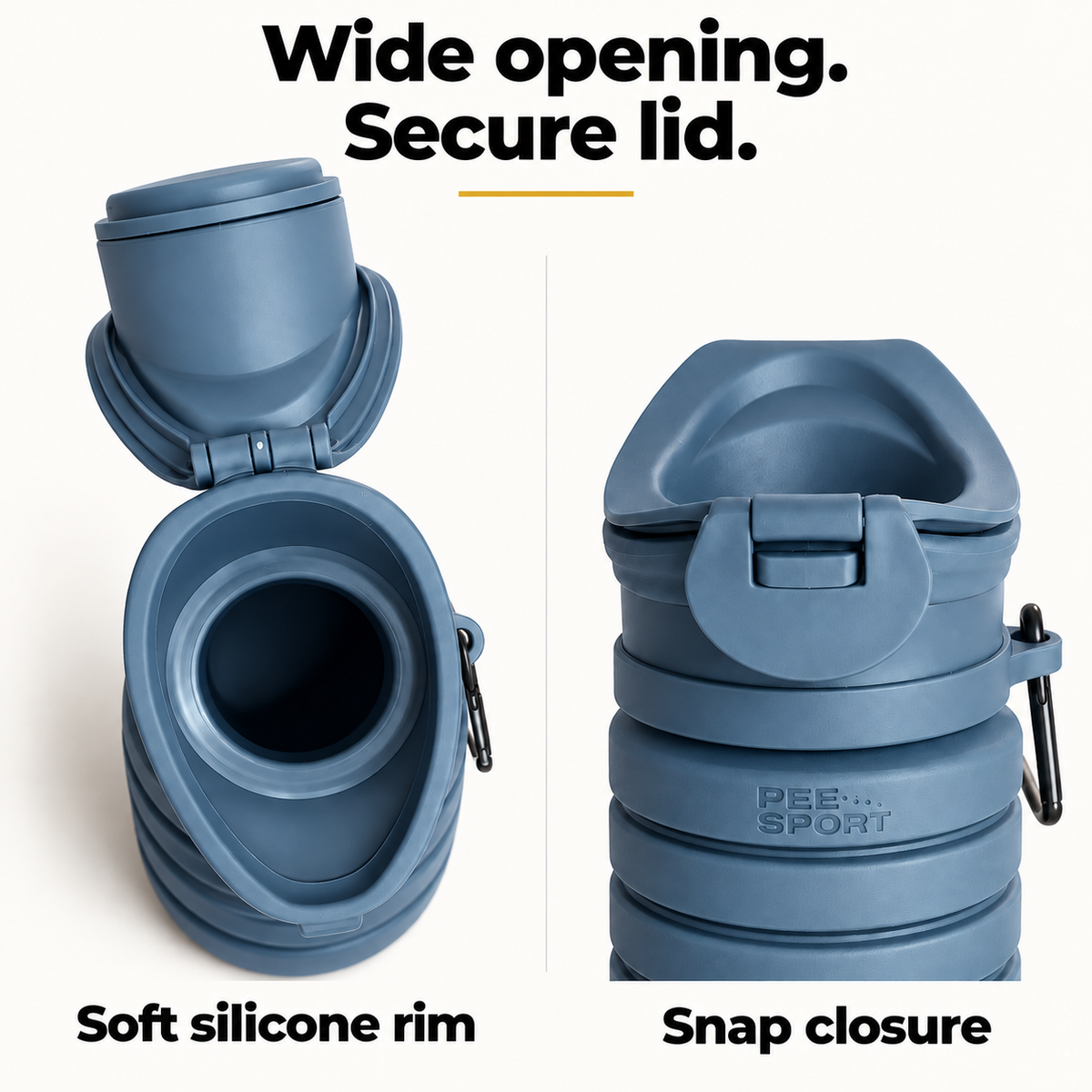 Blue PeeSport closeups showing the wide silicone opening and snapped closed lid.