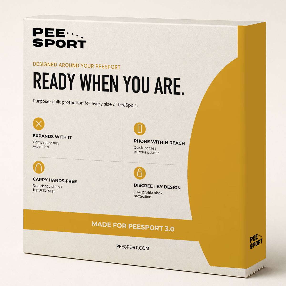 Back of PeeSport expandable carry case packaging showing features and included accessories