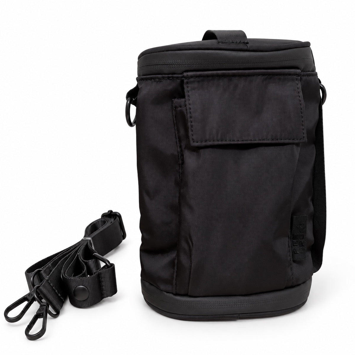 Black PeeSport carry case in compact form with its detachable shoulder strap