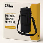 PeeSport expandable black carry case with shoulder strap beside its retail box