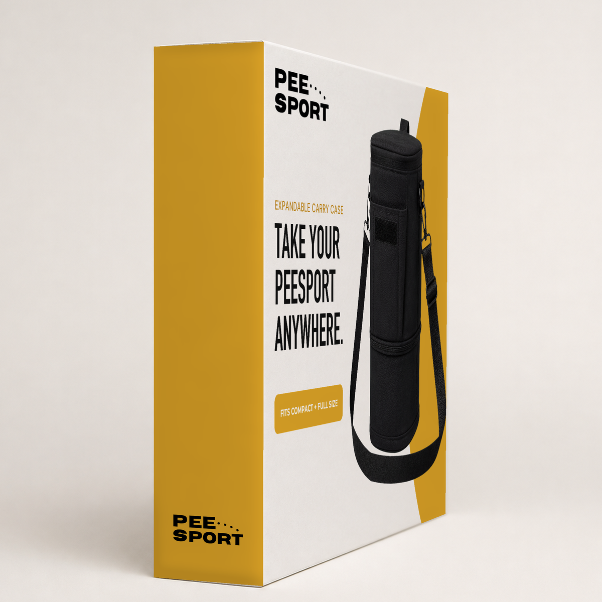 Left side of PeeSport carry case packaging showing the adjustable strap and product details