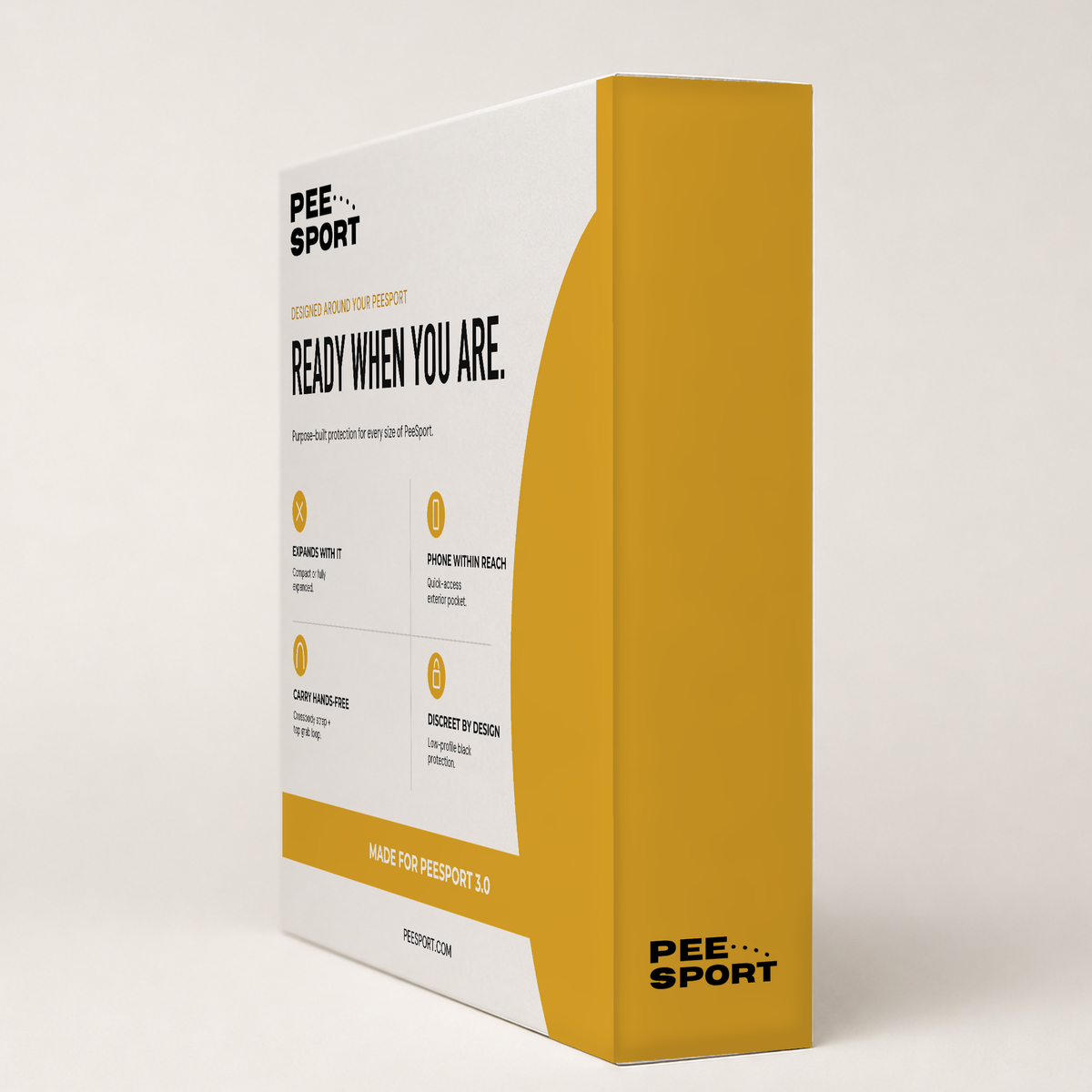 Right side of PeeSport carry case packaging showing the phone pocket and product details