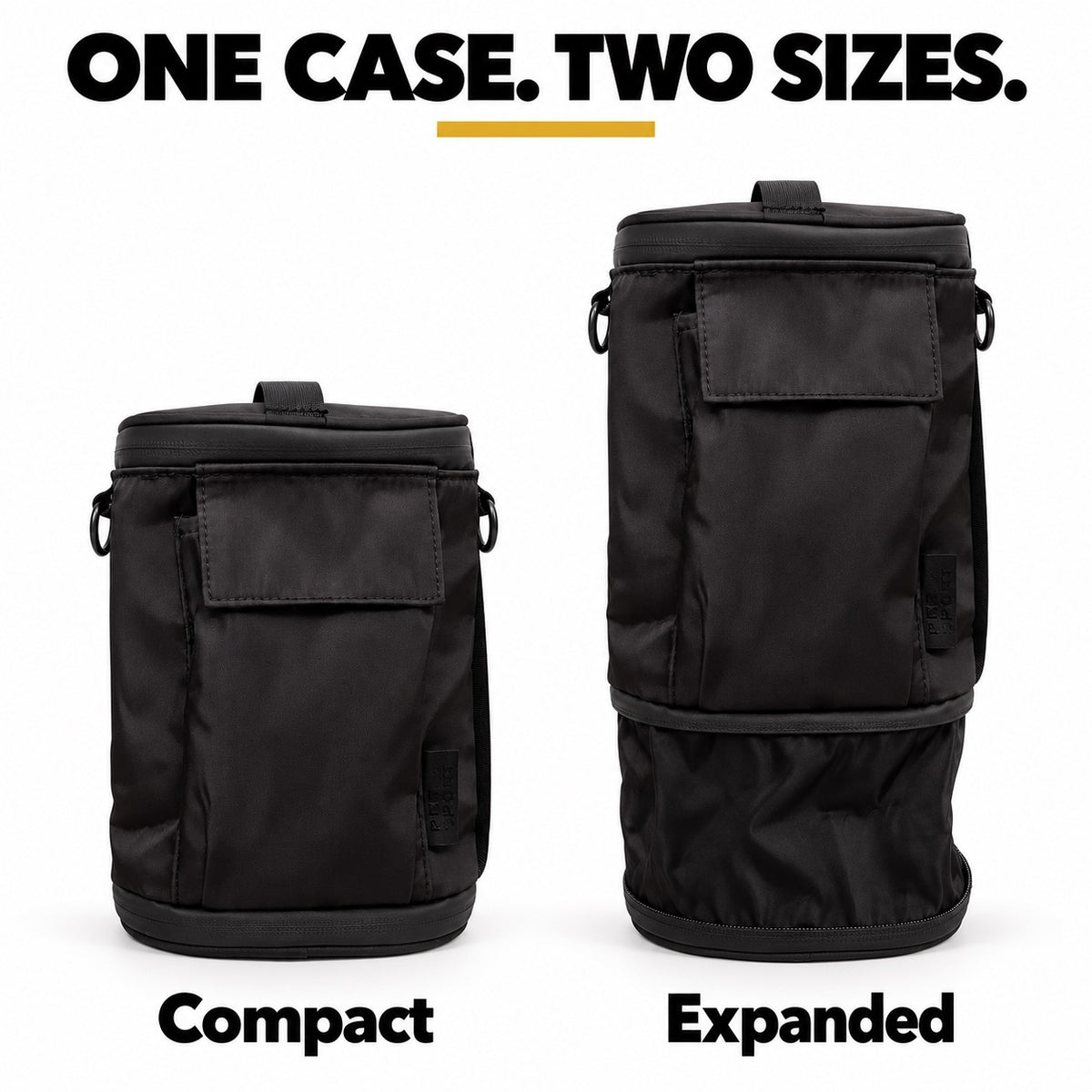 The same black PeeSport carry case shown compact and expanded