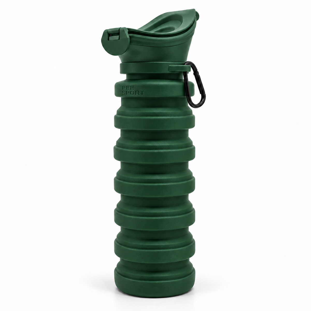 Green PeeSport bottle, expanded with its lid closed and side clip visible.