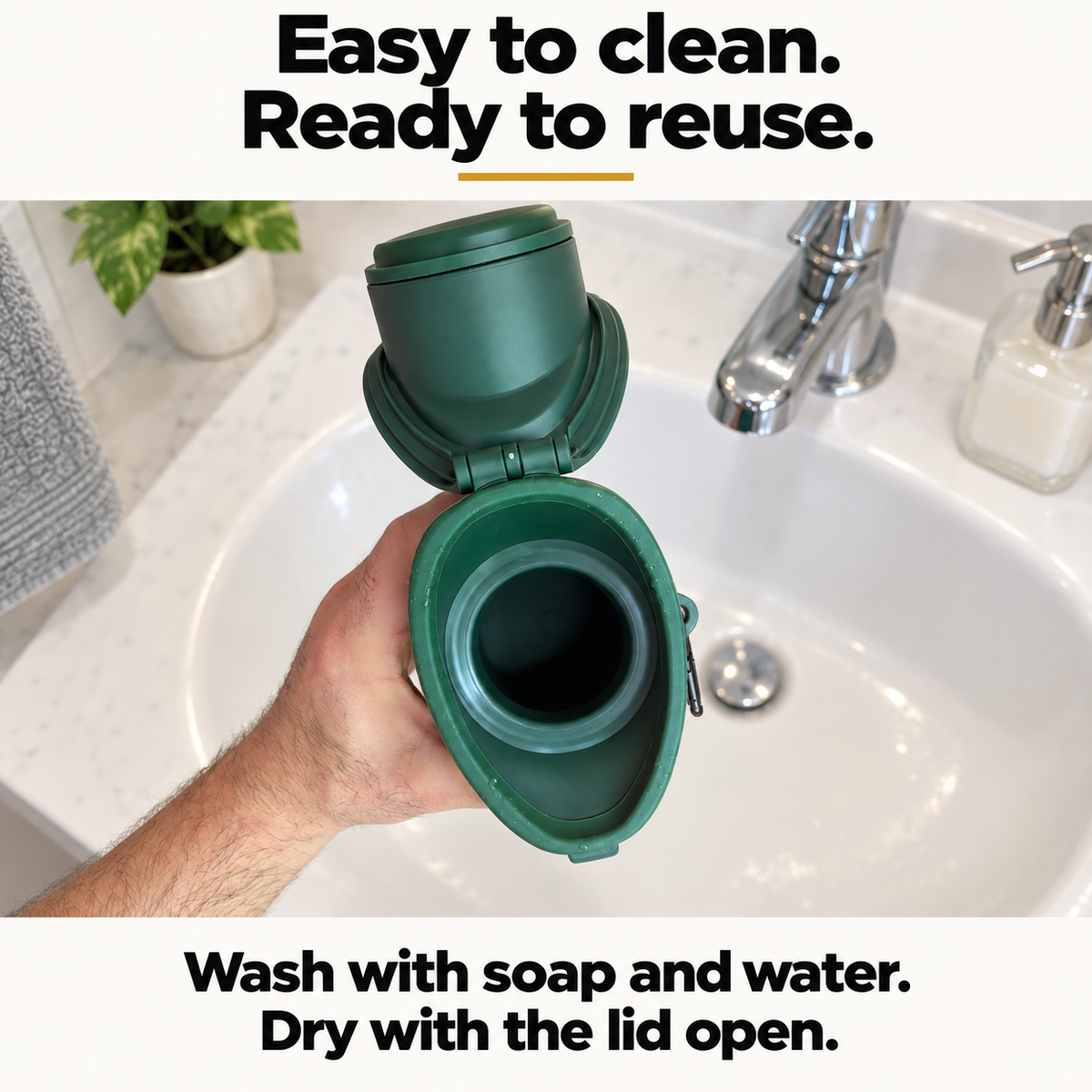 Open green PeeSport held over a sink. Wash with soap and water, then dry with the lid open.