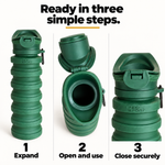 Green PeeSport in three steps: expand, open and use, then close securely.