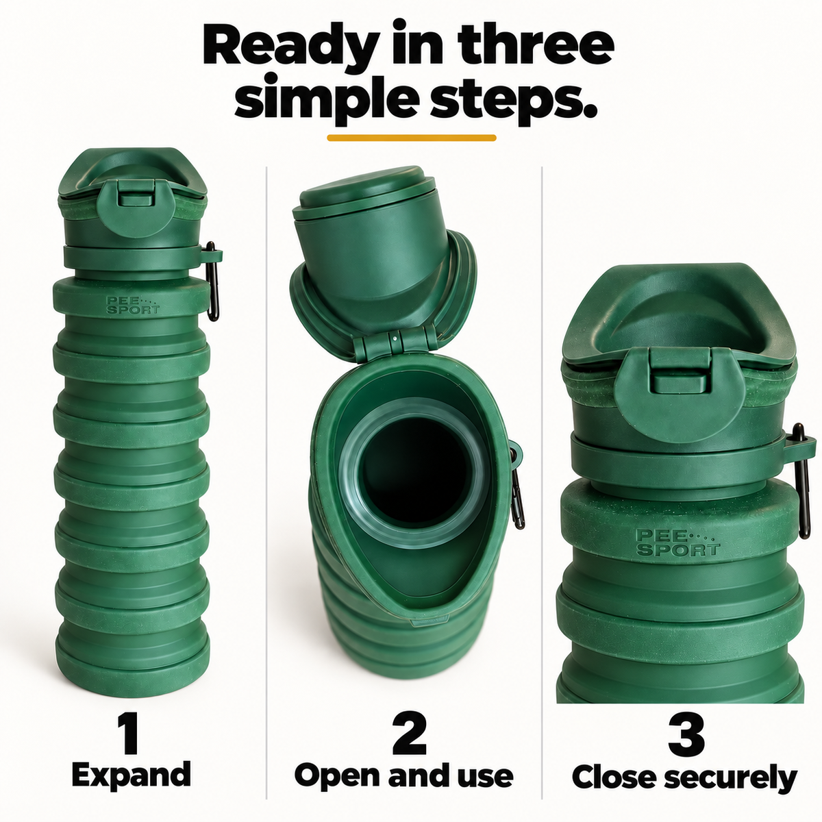 Green PeeSport in three steps: expand, open and use, then close securely.