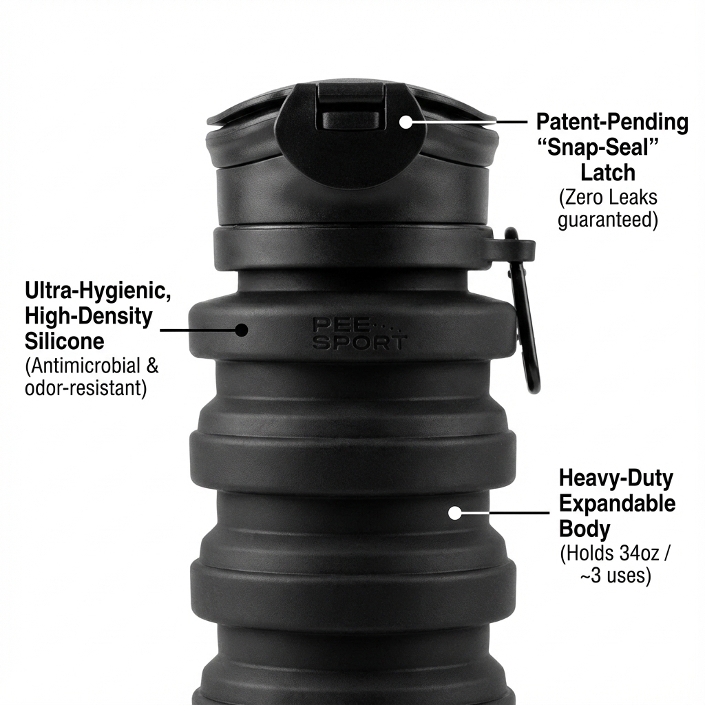 PeeSport silicone bottle design shown in collapsed and expanded view