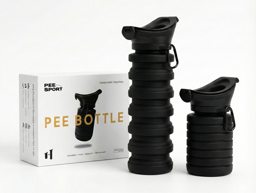 Actual black PeeSport 3.0 shown expanded and collapsed beside its packaging